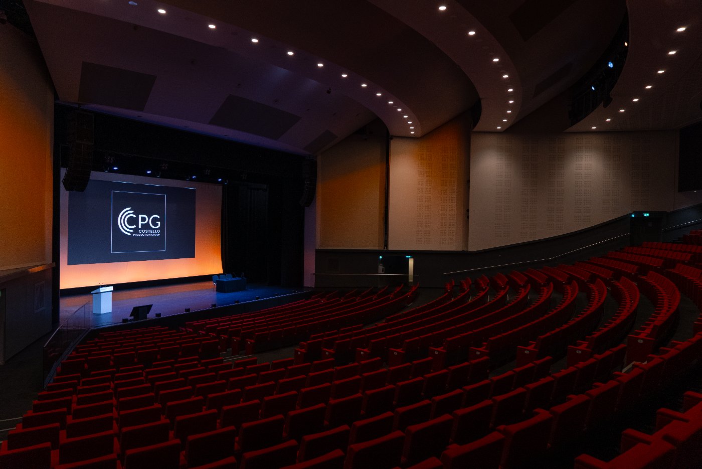 Empty venue with CPG logo on the stage