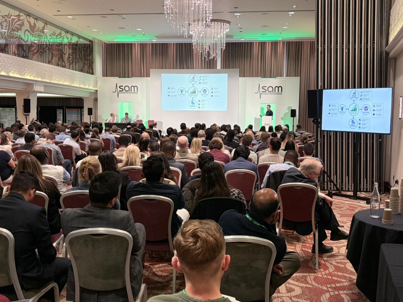 The stage and audience at the society of acute medicine event.